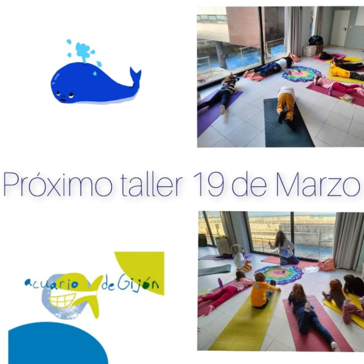 Portada de la clase de yoga con niños en el acuario de Gijón